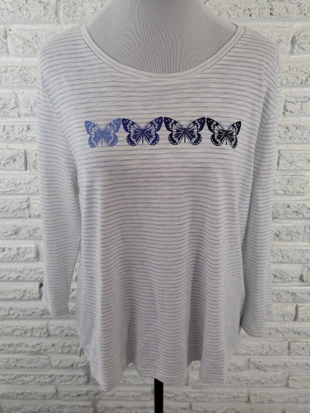 Talbots Women’s XLP Petite Tee Blue White Stripe 3/4 Sleeve Butterflies C23E